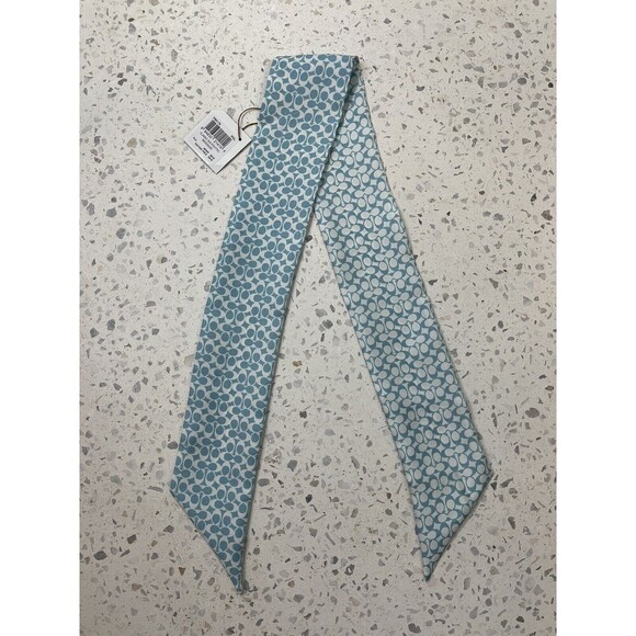 NWT Coach Signature Print Silk Skinny Scarf Ponytail Bag Tie Twilly Baby Blue